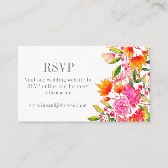 Modern Pink Orange Floral Wedding RSVP Online  Enclosure Card (Front)