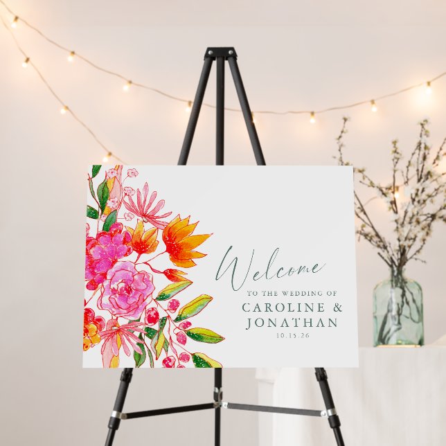Modern Pink Orange Floral Wedding Welcome Foam Board (In Situ (Stand))