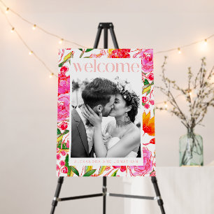 Modern Pink Orange Floral Wedding Welcome Photo Foam Board