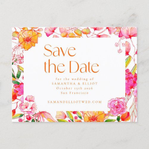 Modern Pink Orange Flowers Wedding QR Code Postcard