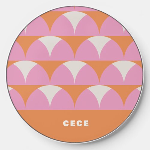 Modern pink orange geometric retro personalized wireless charger 