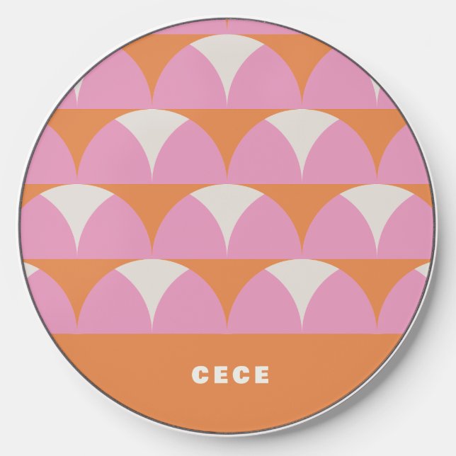 Modern pink orange geometric retro personalized wireless charger  (Front)