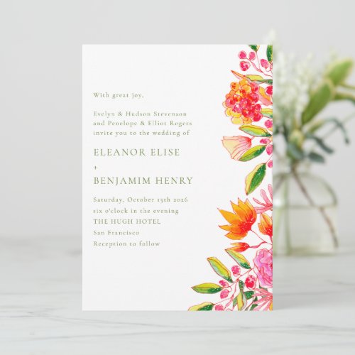 Modern Pink Orange Green Floral Formal Wedding Invitation