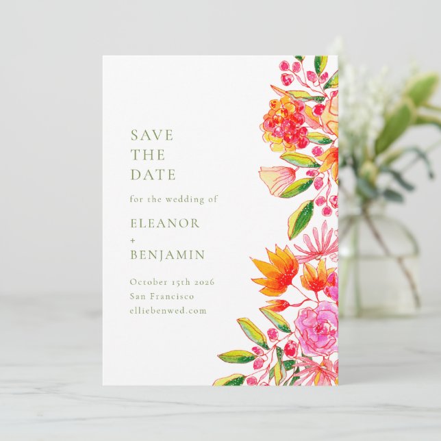 Modern Pink Orange Green Floral Simple Wedding Save The Date (Standing Front)