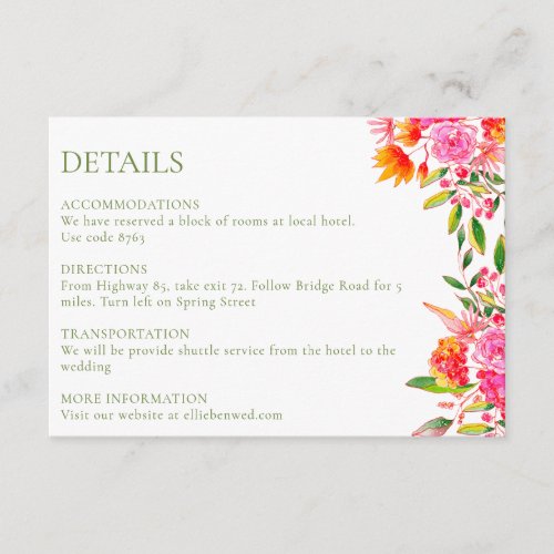 Modern Pink Orange Green Flower Wedding Details  Enclosure Card