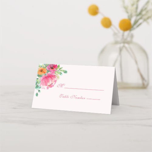 Modern Pink Orange Large Floral Monogram Wedding   Place Card