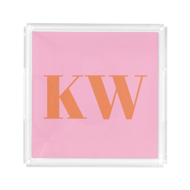 Modern Pink Orange Monogram Initials Personalized Acrylic Tray (Front)
