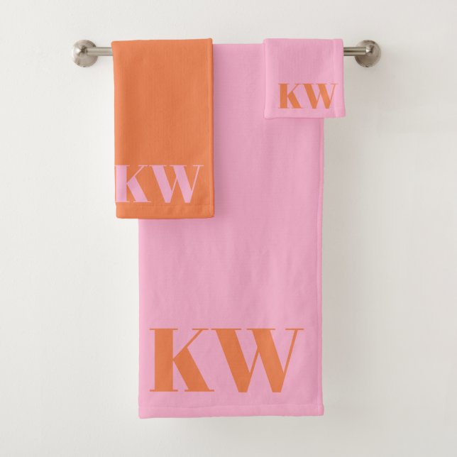 Modern Pink Orange Monogram Initials Personalized Bath Towel Set (Insitu)