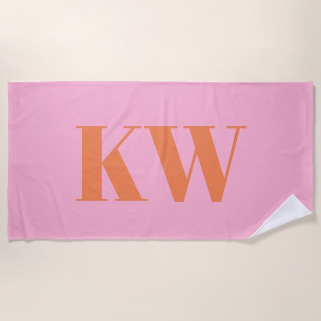 Modern Pink Orange Monogram Initials Personalized Beach Towel (Front)