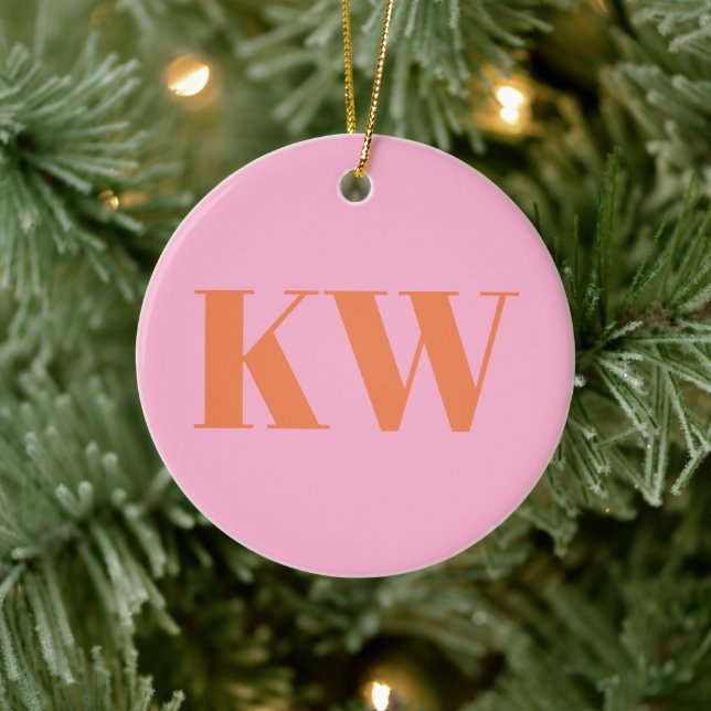Modern Pink Orange Monogram Initials Personalized Ceramic Ornament (Tree)