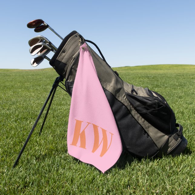 Modern Pink Orange Monogram Initials Personalized Golf Towel (Green)