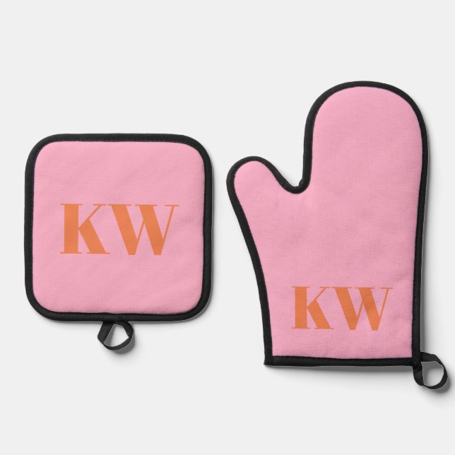 Modern Pink Orange Monogram Initials Personalized Oven Mitt & Pot Holder Set (Front)