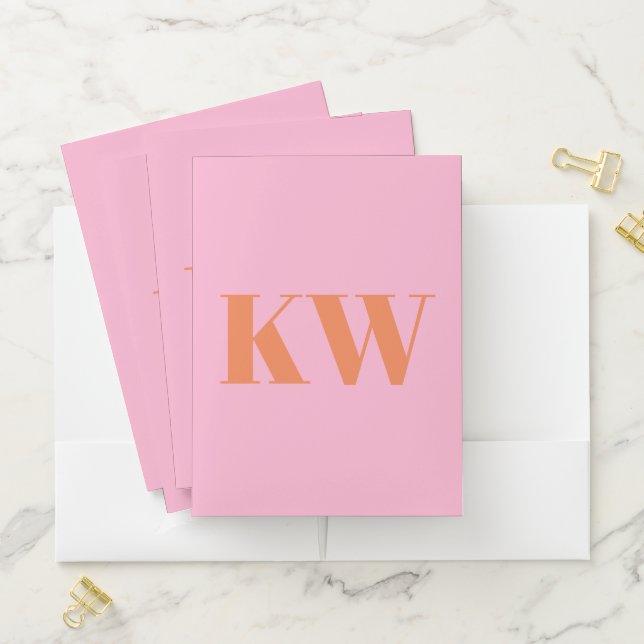 Modern Pink Orange Monogram Initials Personalized Pocket Folder (In Situ)