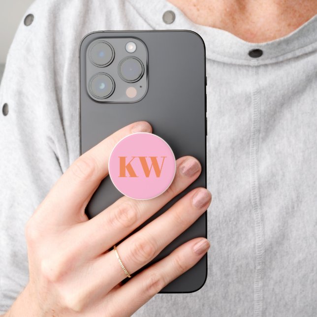 Modern Pink Orange Monogram Initials Personalized PopSocket (Hand)