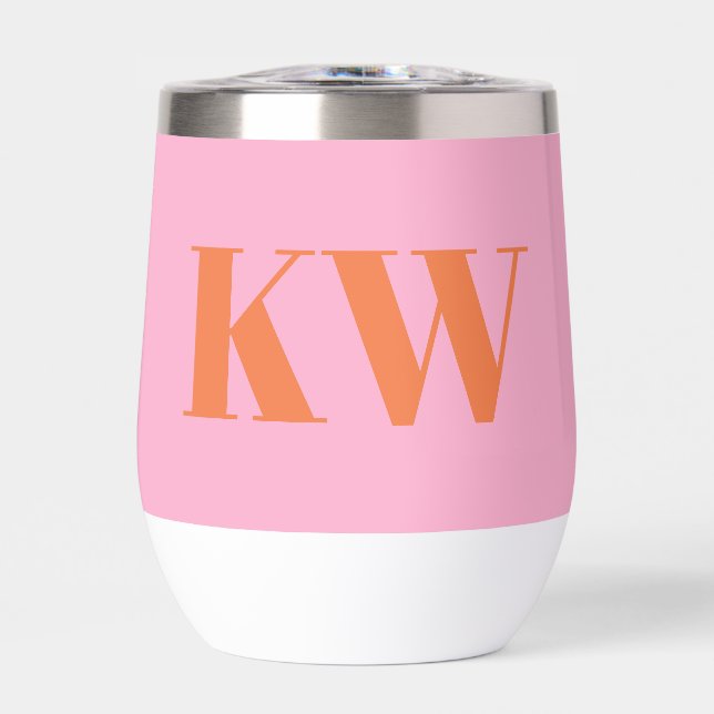 Modern Pink Orange Monogram Initials Personalized Thermal Wine Tumbler (Front)