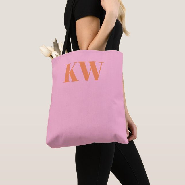 Modern Pink Orange Monogram Initials Personalized Tote Bag (Close Up)