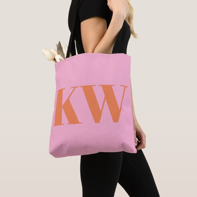 Modern Pink Orange Monogram Initials Personalized Tote Bag (Close Up)