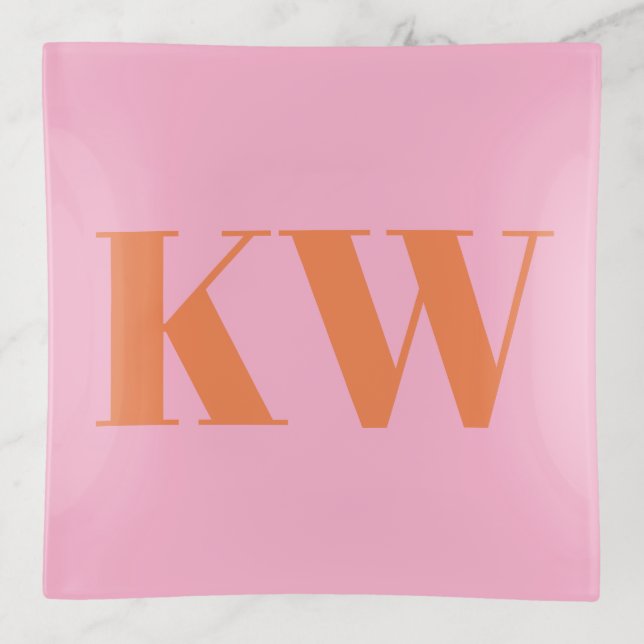 Modern Pink Orange Monogram Initials Personalized Trinket Tray (Front)