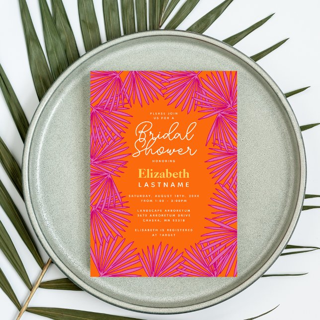 Modern Pink Orange Palms Tropical Bridal Shower Invitation (Creator Uploaded)