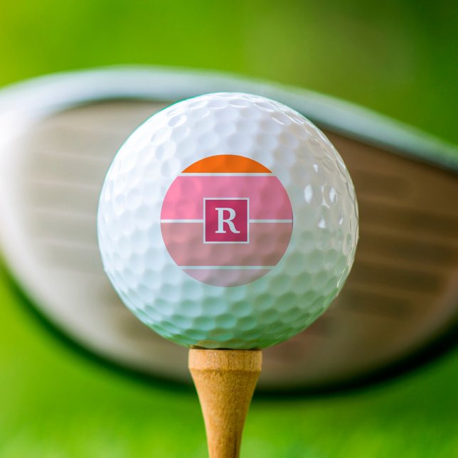 Modern Pink Orange Stripes personalized Monogram Golf Balls (Creator Uploaded)