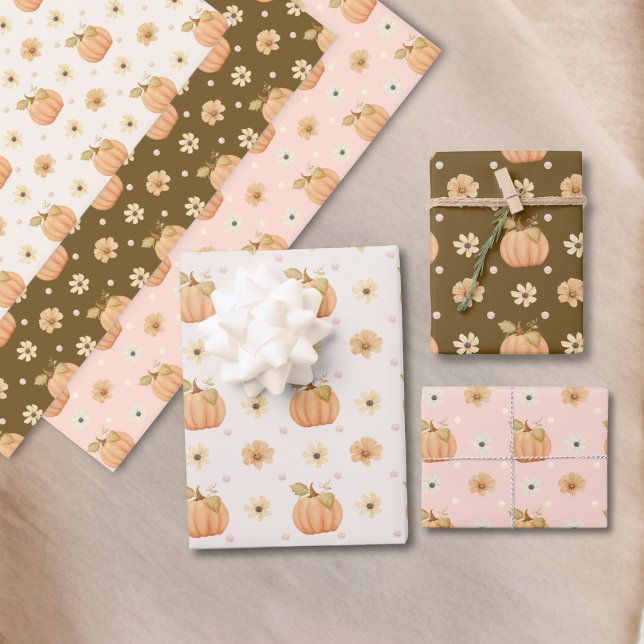 Modern Pink Orange Terracotta Pumpkin Floral Fall  Wrapping Paper Sheets (Creator Uploaded)
