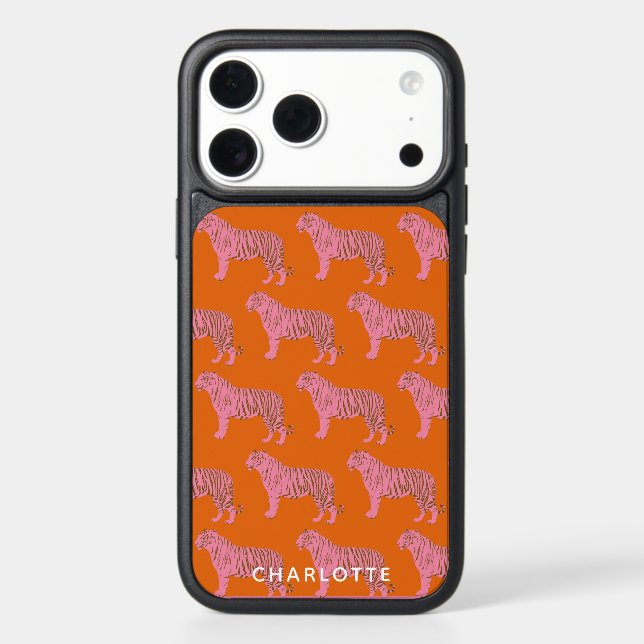 Modern Pink Orange Tiger Pattern Personalized Name Otterbox iPhone Case (Back)