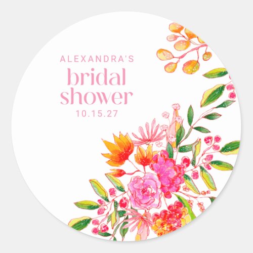 Modern Pink Orange Watercolor Floral Bridal Shower Classic Round Sticker