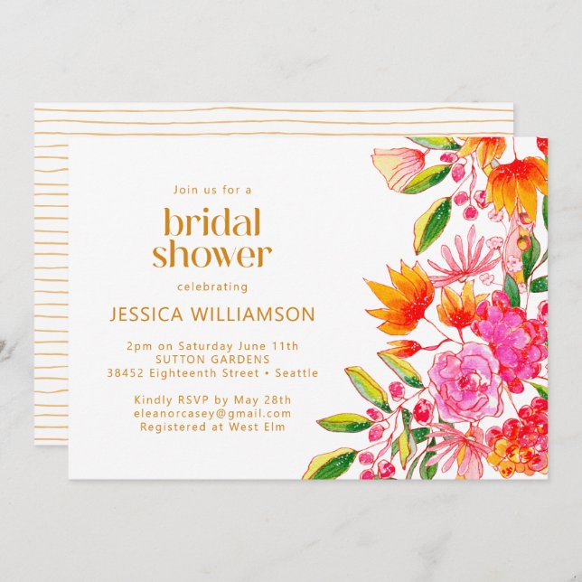 Modern Pink Orange Watercolor Floral Bridal Shower Invitation (Front/Back)