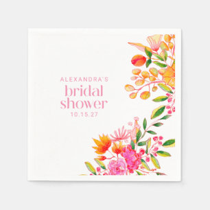 Modern Pink Orange Watercolor Floral Bridal Shower Napkins