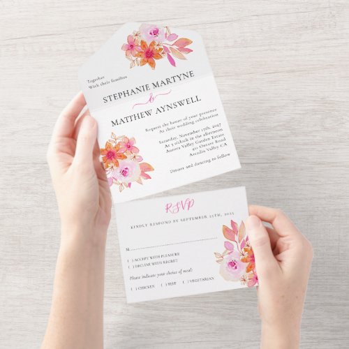Modern Pink Orange Watercolor Floral Wedding All In One Invitation