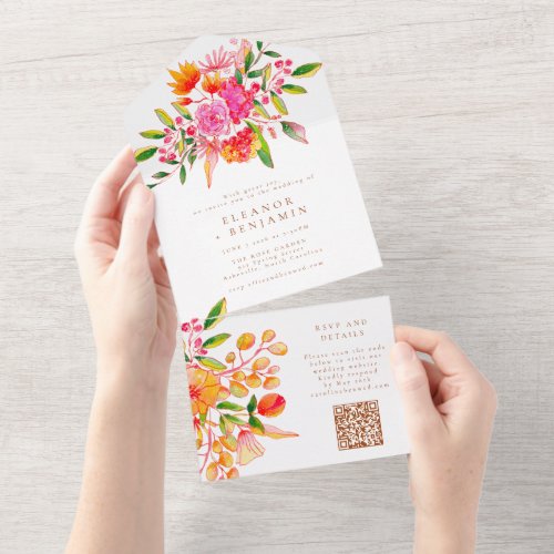 Modern Pink Orange Watercolor Floral Wedding QR  All In One Invitation
