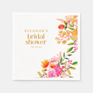 Modern Pink Orange Watercolor Flower Bridal Shower Napkins