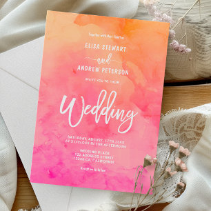 Modern pink orange watercolor summer wedding invitation