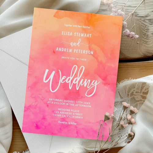 Modern pink orange watercolor summer wedding invitation