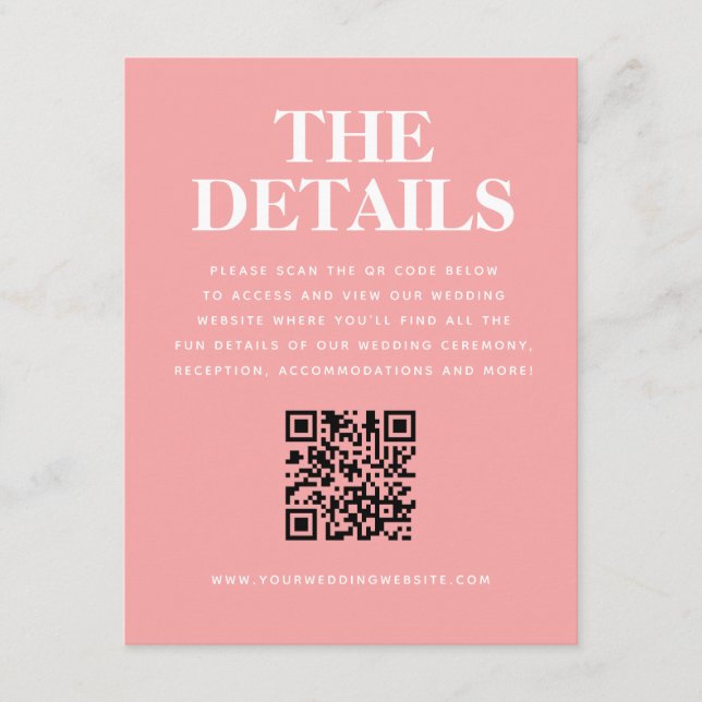 Modern Pink Orange Wedding QR Code Details Enclosure Card (Front)