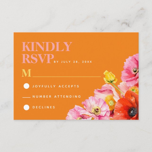 Modern Pink Orange Yellow Floral Wedding RSVP  Enclosure Card (Front)