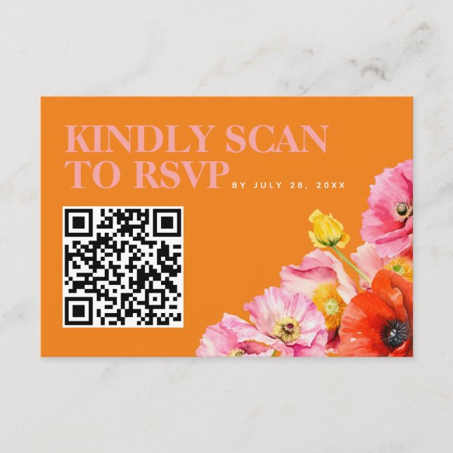 Modern Pink Orange Yellow Wedding QR Code RSVP  Enclosure Card (Front)