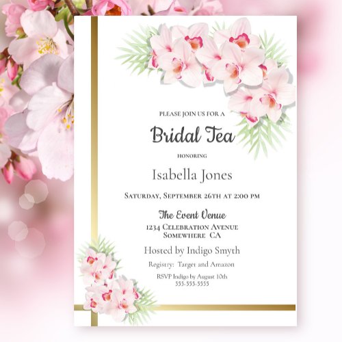 Modern Pink Orchid Floral Bridal Tea Invitation