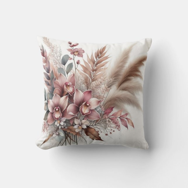 Modern pink orchid floral & tropical leaves  throw pillow (Front)