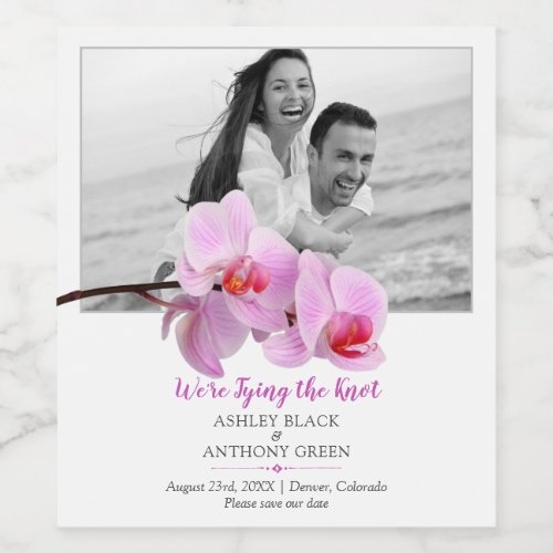 Modern Pink Orchid Photo Wedding Save the Date Wine Label