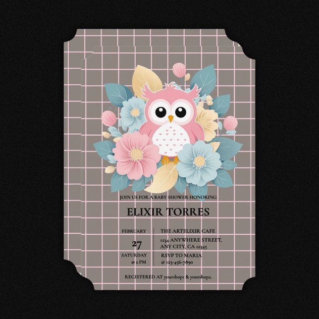 Modern Pink Owl Floral & Grid Baby Shower Invitation (Creator Uploaded)
