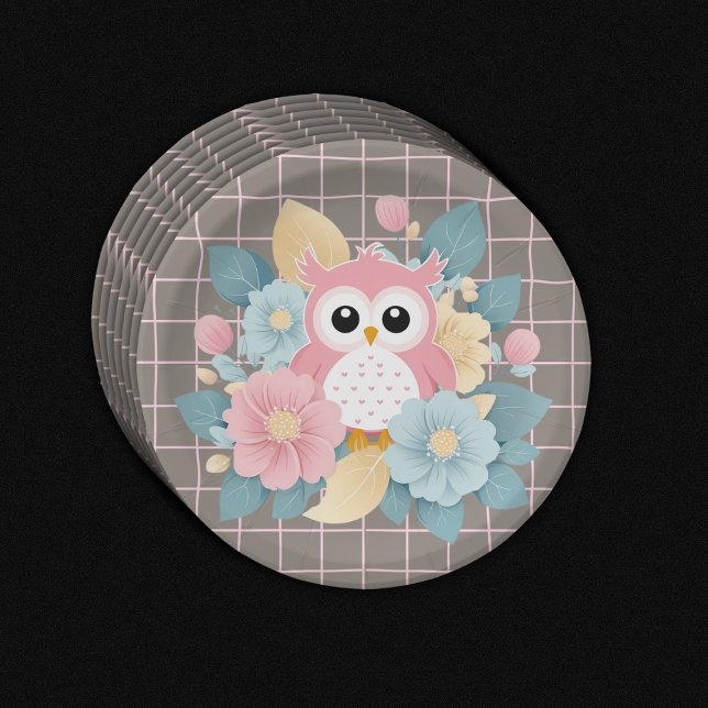 Modern Pink Owl Floral & Grid Baby Shower Paper Plates (Creator Uploaded)