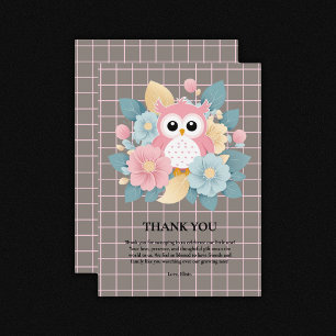 Modern Pink Owl Floral & Grid Baby Shower Thank You Card