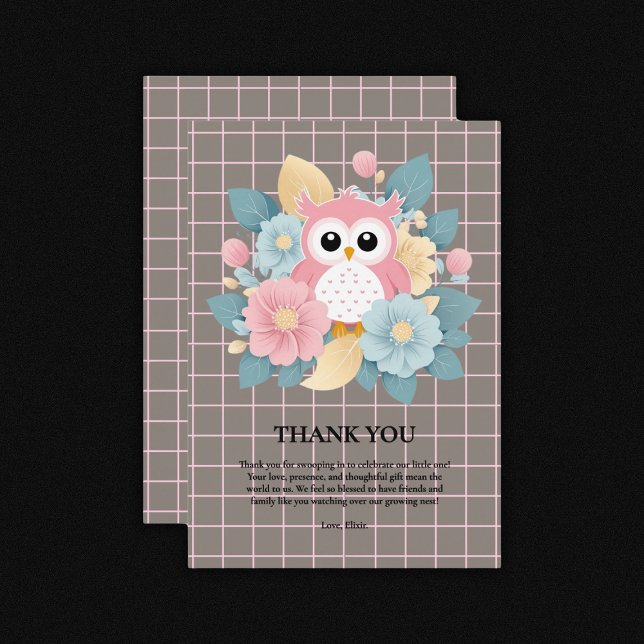 Modern Pink Owl Floral & Grid Baby Shower Thank You Card (Creator Uploaded)