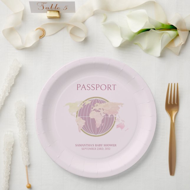 Modern Pink Passport-Themed Baby Shower Paper Plates (Wedding)