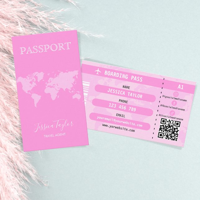 Modern Pink Passport World Map Boarding Pass Business Card (Creator Uploaded)