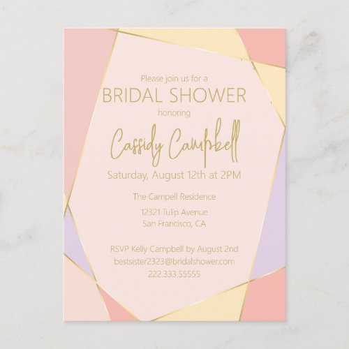 Modern Pink Pastel Bridal Shower Invitation Postcard