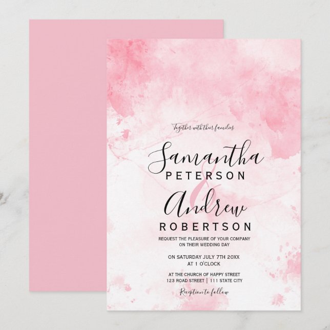 Modern pink pastel watercolor typography wedding invitation (Front/Back)