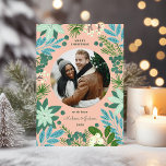 Modern Pink Pastels Floral Merry Christmas Photo Holiday Card<br><div class="desc">This beautiful photo Christmas card features hand drawn floral elements in various shades of green, mint, teal, off-white. Included are pine, flowers, sprigs, leaves, berries along with modern hand lettered in off-white, reading, "Merry Christmas." The background color is a Christmas traditional, classical red. The back of the card has another...</div>