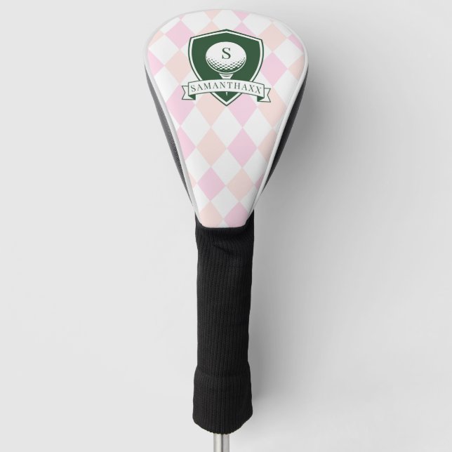 Modern Pink Pattern Green Golfer Name Monogram Golf Head Cover (Front)